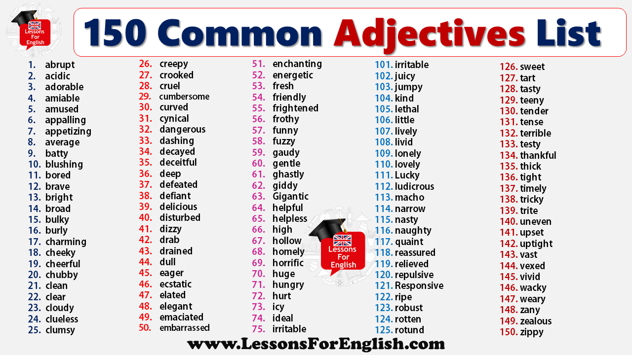 150 Common Adjectives List Lessons For English