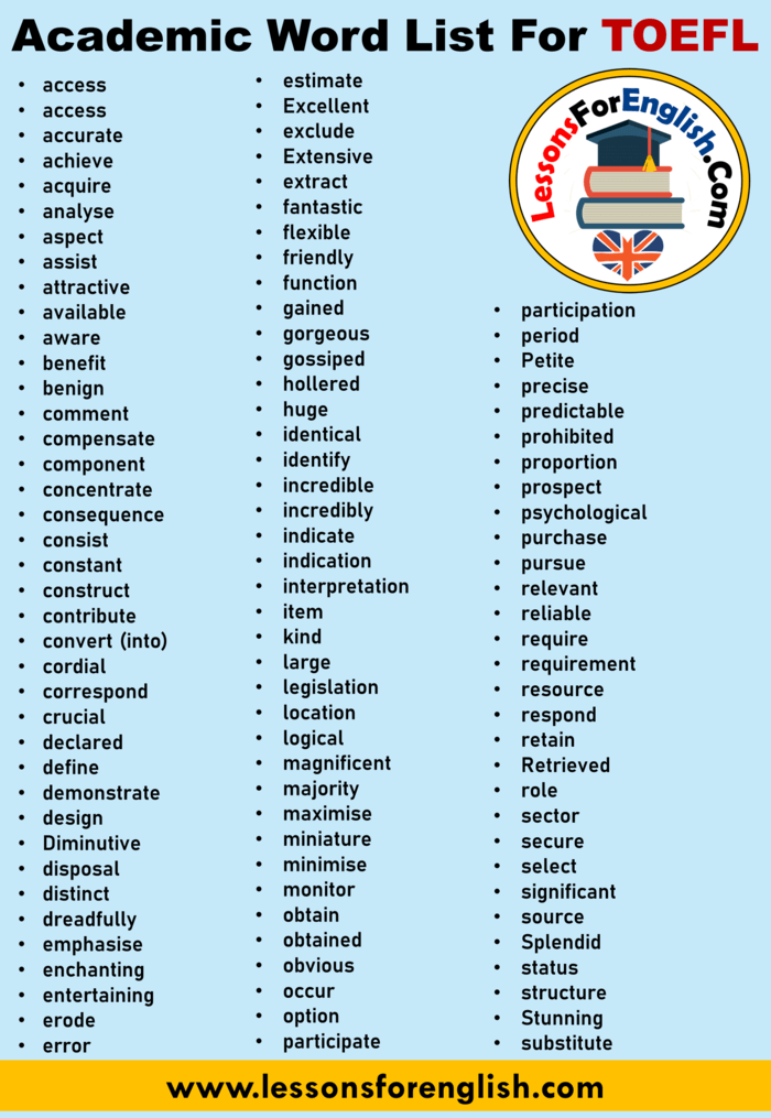 English Detailed Academic Word List For TOEFL