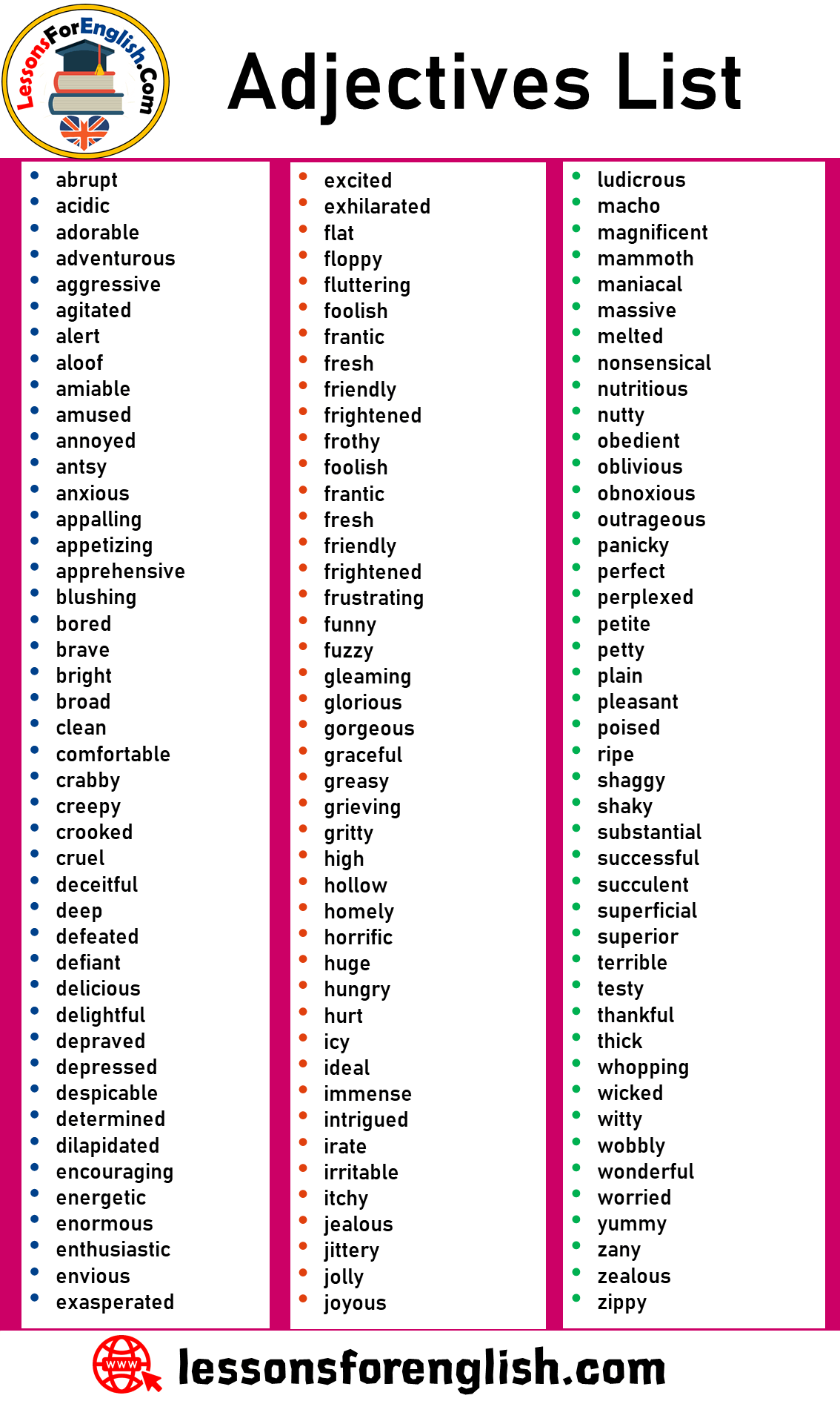 Adjectives List, Adjectives Vocabulary Word List - Lessons For English