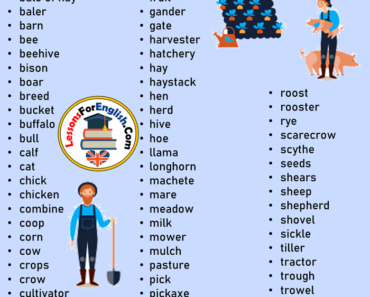 Farm Vocabulary, Farm Words List in English