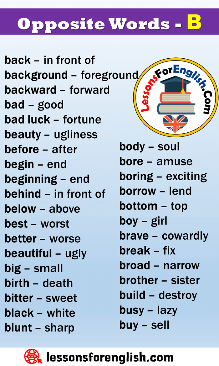 English Opposite Words Starting With B