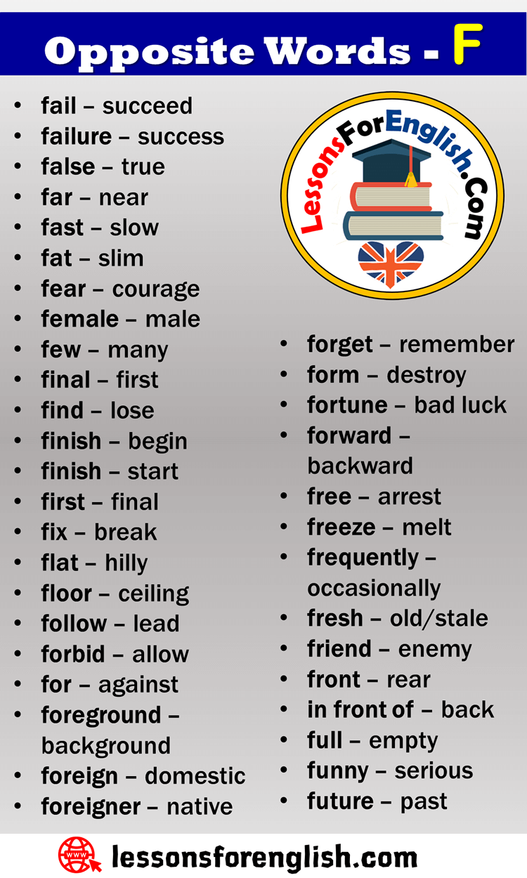 English Detailed Opposite Words List, Opposite Words Starting With F