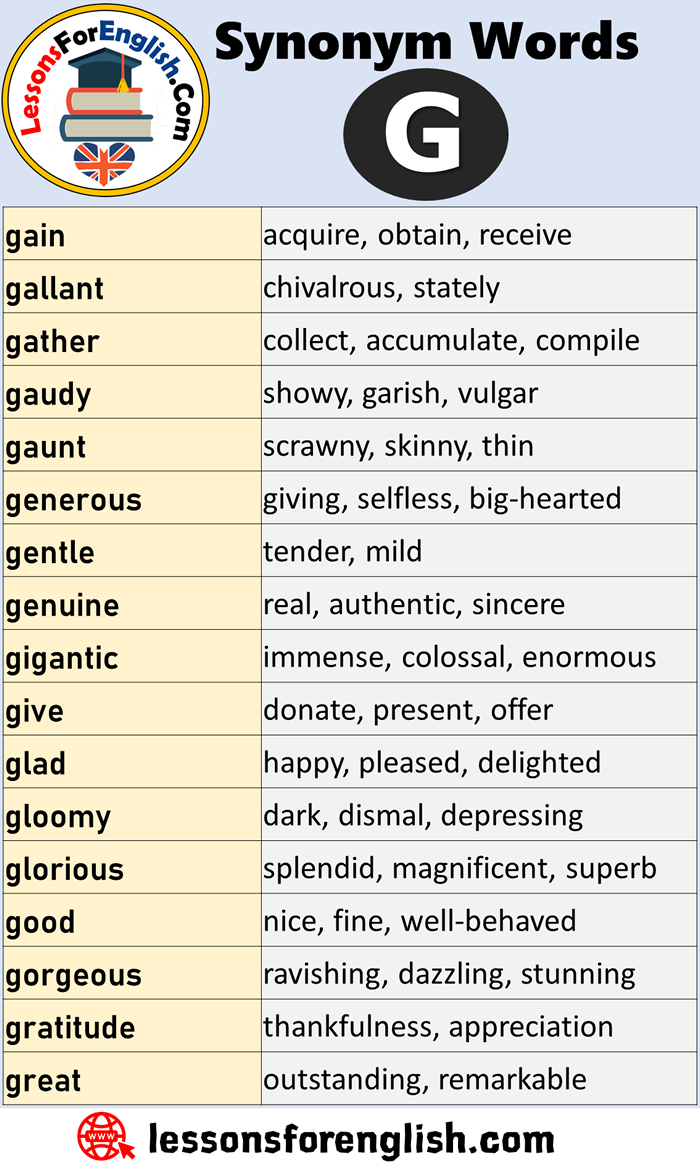 Synonym Words Starting With G Lessons For English