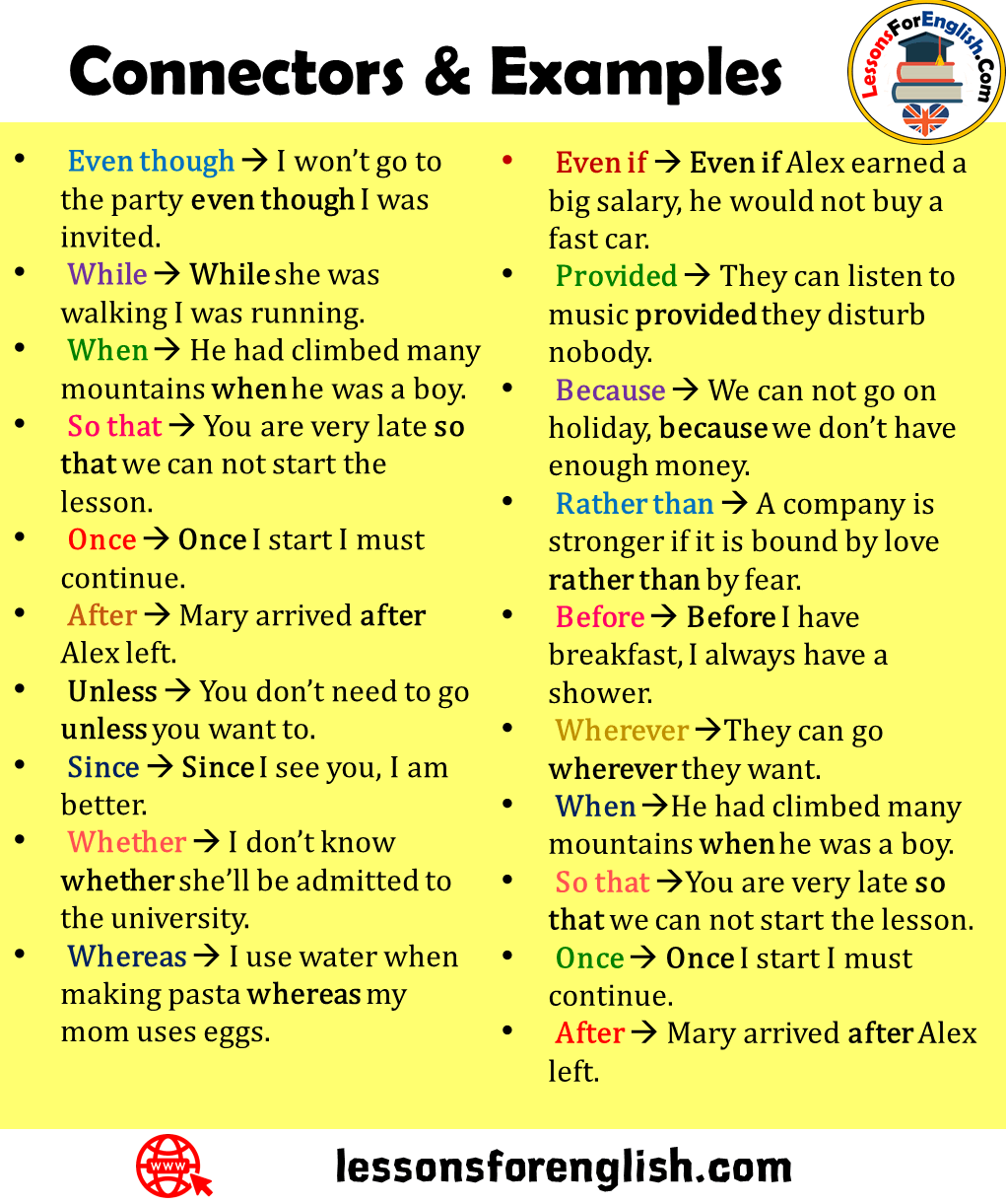 English Connectors  Examples Lessons For English