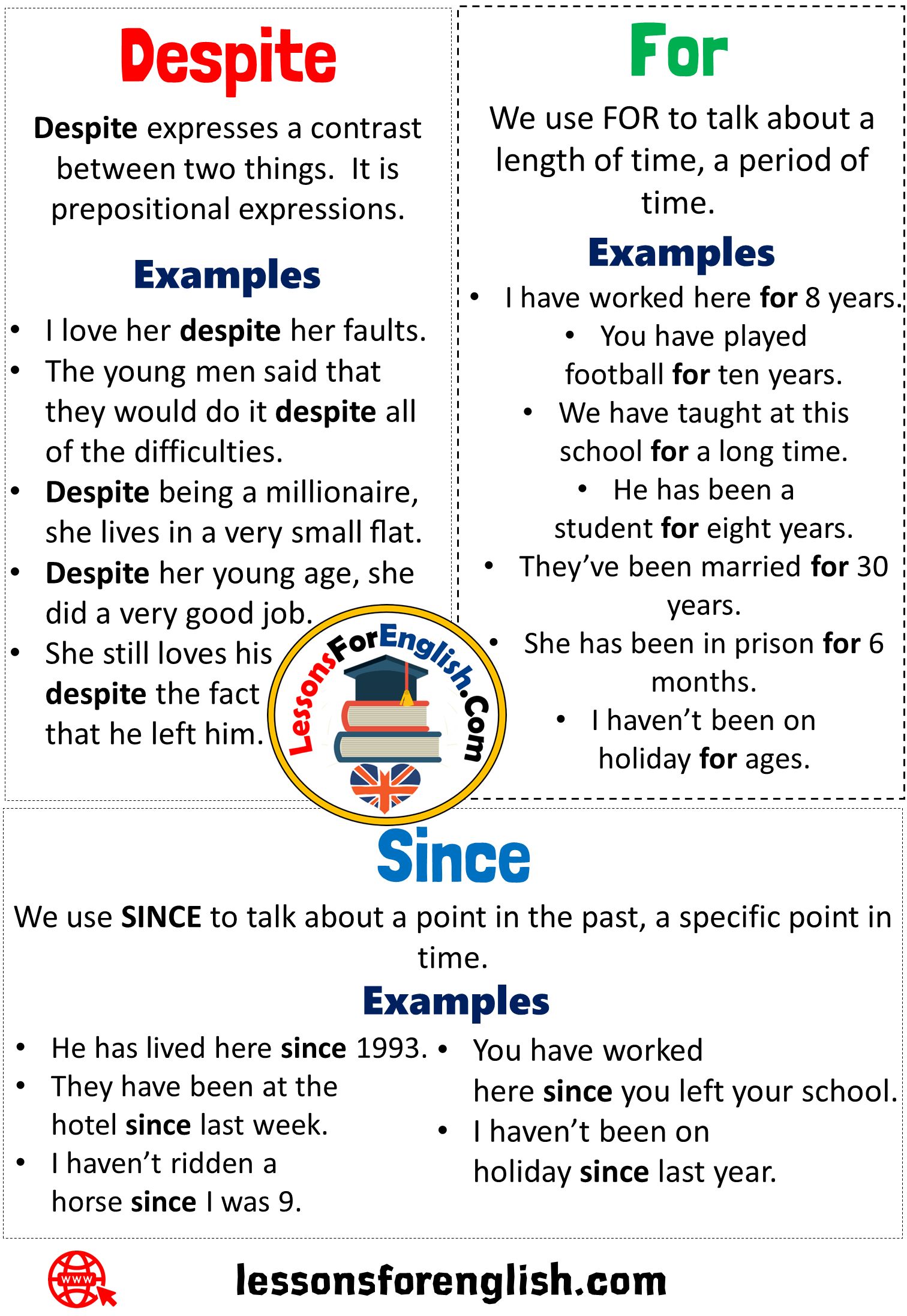 Uses Since For And Despite Definition And Example Sentences Lessons 