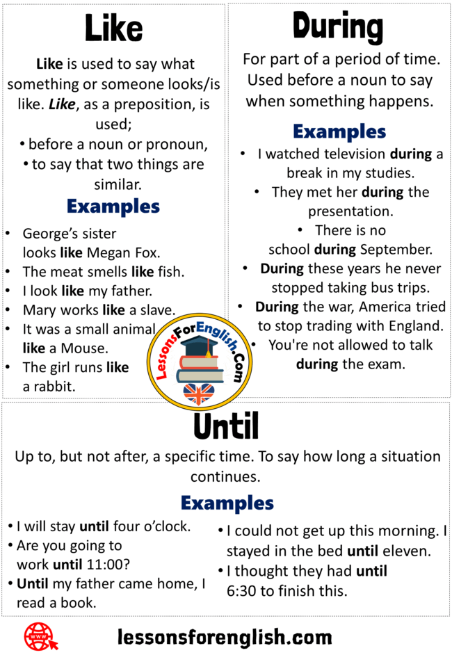 Uses Until Like During Definition And Example Sentences Lessons 