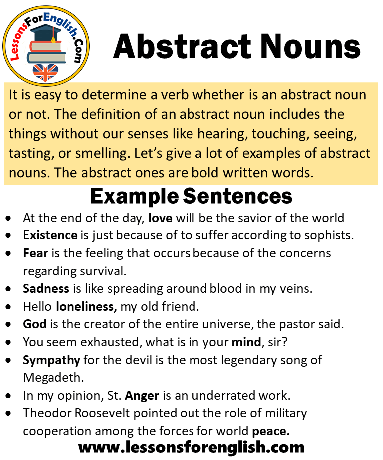 Abstract Nouns, Definition,100 Examples Sentences with Abstract Nouns