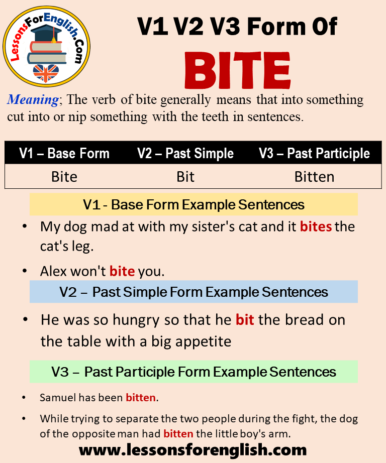 Past Tense Of Bite Past Participle Form Of Bite Bite Bit Bitten V1 V2 