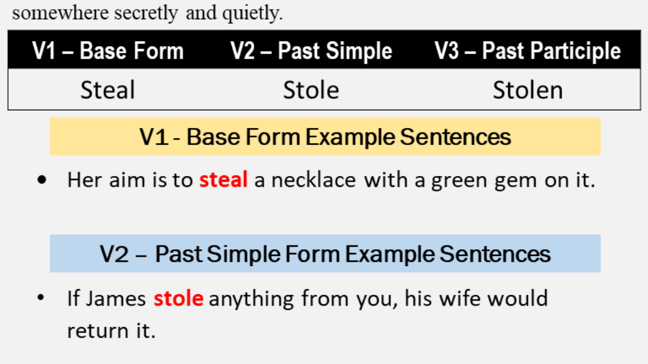 Hykler Velsigne Blåt mærke Past Tense Of Steal, Past Participle Form of Steal, Steal Stole Stolen V1  V2 V3 - Lessons For English