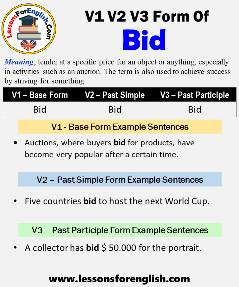 Past Tense Of Bid Past Participle Form Of Bid Bid V1 V2 V3 Lessons 